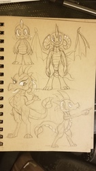 Size: 4032x2268 | Tagged: safe, artist:gsphere, princess ember, spike, dragon, g4, dragoness, female, male, pointing, sketch, spread wings, traditional art, wings