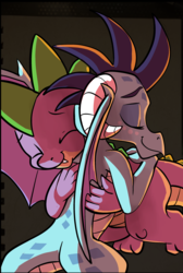 Size: 2251x3355 | Tagged: safe, artist:gsphere, princess ember, spike, dragon, g4, black background, dragoness, duo, eyes closed, female, friends, high res, hug, male, ship:emberspike, shipping, simple background, straight