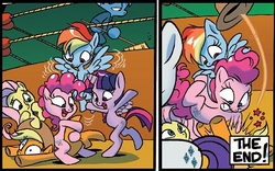 Size: 442x275 | Tagged: safe, artist:jay fosgitt, idw, applejack, fluttershy, pinkie pie, rainbow dash, pony, g4, spoiler:comic, abuse, bipedal, jackabuse, knock out, knocked out, out of context, pain star, sports, the end, wrestling
