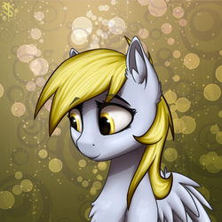 Size: 1500x1500 | Tagged: safe, artist:6editor9, derpy hooves, pegasus, pony, g4, abstract background, bust, female, mare, smiling, solo, underp