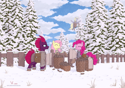Size: 2791x1977 | Tagged: safe, artist:eriada, derpy hooves, fizzlepop berrytwist, fluttershy, pinkie pie, tempest shadow, pegasus, pony, unicorn, g4, my little pony: the movie, broken horn, bundled up for winter, clothes, coat, eyes closed, horn, pine tree, pinecone, smiling, snow, tree, winter outfit