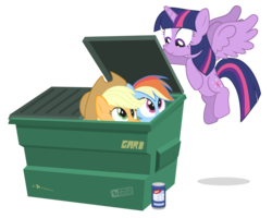 Size: 1000x800 | Tagged: safe, artist:dm29, applejack, rainbow dash, twilight sparkle, alicorn, earth pony, pegasus, pony, g4, dumpster, female, flying, mare, simple background, transparent background, twilight sparkle (alicorn)