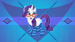 Size: 5120x2880 | Tagged: safe, artist:laszlvfx, edit, rarity, pony, unicorn, g4, clothes, female, glasses, mare, open mouth, smiling, socks, solo, stockings, striped socks, thigh highs, wallpaper, wallpaper edit