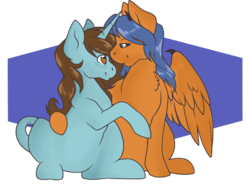 Size: 1024x792 | Tagged: safe, artist:uniquecolorchaos, oc, oc only, oc:beta, oc:serene skies, pegasus, pony, unicorn, cuddling, female, lesbian, mare, oc x oc, shipping, simple background, transparent background