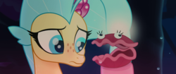 Size: 640x268 | Tagged: safe, screencap, pinkie pie, princess skystar, shelly, seapony (g4), g4, my little pony: the movie, bioluminescent, blue eyes, bubble, bust, coral, cropped, female, fin, fin wings, fins, floppy ears, flower, flower in hair, flowing mane, freckles, glowing, jewelry, necklace, ocean, one small thing, pearl necklace, portrait, seaponified, seapony pinkie pie, seaquestria, seashell, seaweed, solo, species swap, swimming, tail, underwater, water, wings