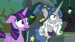 Size: 1280x720 | Tagged: safe, edit, edited screencap, screencap, star swirl the bearded, twilight sparkle, alicorn, pony, spider, g4, shadow play, evil grin, grin, harry potter (series), meme, scared, smiling, starswirl adventures, twilight sparkle (alicorn), voldemort