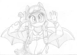 Size: 3410x2443 | Tagged: safe, artist:pananovich, oc, oc only, oc:frostbite, bat pony, anthro, bat pony oc, female, goggles, gun, helmet, high res, looking at you, military, military uniform, rifle, sketch, solo, spread wings, weapon, wings
