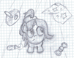 Size: 2032x1592 | Tagged: safe, artist:sparklepopshine, oc, oc only, oc:sparkle pop, pony, baby bottle, blanket, diaper, female, filly, graph paper, monochrome, non-baby in diaper, rattle, sketch, solo, traditional art