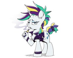 Size: 2048x1639 | Tagged: safe, artist:piemations, rarity, pony, g4, alternate hairstyle, clothes, eyeshadow, female, hand, makeup, not salmon, punk, raripunk, solo, suddenly hands, vape, vaping, wat
