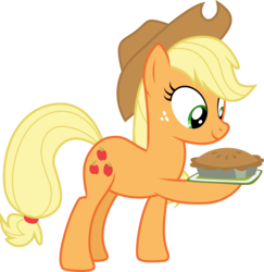 Size: 3000x3087 | Tagged: safe, artist:cloudy glow, artist:yanoda, applejack, earth pony, pony, applejack's "day" off, g4, .ai available, cowboy hat, female, food, freckles, hat, high res, mare, pie, raised hoof, simple background, smiling, stetson, transparent background, vector