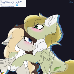 Size: 2560x2560 | Tagged: safe, artist:brokensilence, oc, oc only, oc:auctor, oc:misty serenity, pegasus, pony, blue background, blushing, chest fluff, couple, female, freckles, gift art, high res, hug, male, mistor, shipping, simple background, smiling, straight