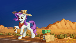 Size: 3840x2160 | Tagged: safe, artist:1jaz, rarity, pony, unicorn, g4, clothes, desert, dock, female, hat, high res, hitchhiking, hoofband, horn, jewelry, mare, mountain, neckerchief, road, scarf, scenery, solo, sunglasses