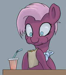 Size: 618x706 | Tagged: safe, artist:sv37, jasmine leaf, earth pony, pony, g4, burrito, bust, drink, eating, female, food, mare, puffy cheeks, simple background, smiling, solo