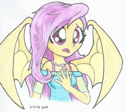 Size: 730x650 | Tagged: safe, artist:astevenamedwolf, fluttershy, equestria girls, g4, bat wings, bust, clothes, dress, embarrassed, fangs, female, flutterbat, geode of fauna, hand on chest, jewelry, necklace, open mouth, portrait, race swap, red eyes, simple background, solo, spread wings, traditional art, white background, wings