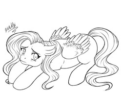 Size: 1000x750 | Tagged: safe, artist:dslycaon, fluttershy, pegasus, pony, g4, black and white, blushing, female, floppy ears, grayscale, lineart, looking at you, looking sideways, looking up, mare, missing cutie mark, monochrome, prone, simple background, solo, white background, wings