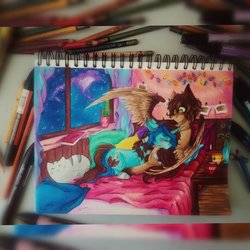 Size: 1024x1024 | Tagged: safe, artist:scootiegp, oc, oc only, cat, pegasus, pony, unicorn, bed, bedroom, blushing, book, cactus, crayon, cup, curtains, eyes closed, female, flower, food, hooves, lights, looking at each other, lying, male, mare, photo, pillow, plant, pot, shipping, signature, sleeping, spread wings, stallion, straight, table, tea, teacup, traditional art, wings, wood, zoom layer