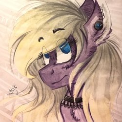Size: 1024x1023 | Tagged: safe, artist:scootiegp, oc, oc only, pony, bust, choker, ear piercing, earring, eye clipping through hair, female, jewelry, looking at you, necklace, piercing, portrait, signature, simple background, smiling, solo