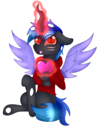 Size: 2323x2954 | Tagged: safe, artist:tomboygirl45, oc, oc only, oc:fang, changeling, blue changeling, clothes, commission, heart, high res, magic, scar, simple background, solo, spread wings, sweater, white background, wings