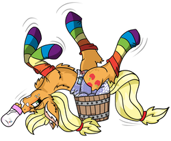 Size: 2423x2000 | Tagged: safe, artist:cuddlelamb, applejack, earth pony, pony, g4, baby bottle, bucket, clothes, diaper, female, high res, non-baby in diaper, pills, rainbow socks, socks, solo, striped socks