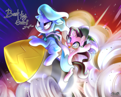 Size: 5000x4000 | Tagged: safe, artist:renokim, starlight glimmer, trixie, pony, unicorn, g4, cape, clothes, duo, female, flying, gem, hat, horn, mare, rocket, smoke, toy interpretation, trixie's cape, trixie's hat, trixie's rocket