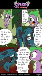 Size: 800x1440 | Tagged: safe, artist:emositecc, queen chrysalis, spike, changeling, dragon, comic:spike to the rescue, g4, season 8, comic, dialogue, flying, hand on waist, hands on waist, speech bubble, winged spike, wings, yelling