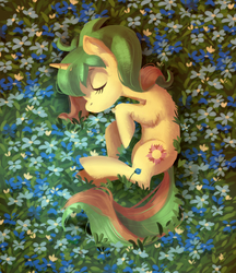Size: 2000x2317 | Tagged: safe, artist:lis-alis, oc, oc only, oc:tropical grove, pony, unicorn, curled up, cute, eyes closed, flower, flower field, flower patch, high angle, high res, nap, sleeping, solo