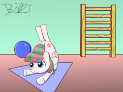 Size: 1333x1000 | Tagged: safe, artist:trackheadtherobopony, blossomforth, pegasus, pony, g4, backbend, ball, female, flexible, gym, ladder, mat, solo, that pony sure is flexible