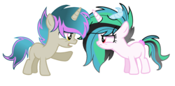 Size: 1480x728 | Tagged: safe, artist:rainbows-skies, oc, oc only, oc:chaos, oc:sun illusion, hybrid, base used, colt, female, filly, horns, interspecies offspring, male, offspring, parent:discord, parent:princess celestia, parents:dislestia, simple background, transparent background