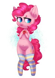 Size: 1543x2160 | Tagged: safe, artist:rizzych, pinkie pie, earth pony, pony, g4, belly button, bipedal, chubby, clothes, donut, ear fluff, female, food, looking at you, mare, plump, simple background, socks, solo, stockings, striped socks, thick, thigh highs, white background