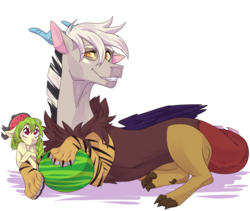 Size: 1900x1600 | Tagged: safe, artist:ponipoke, oc, oc only, oc:excel, oc:paine watermelon, draconequus, earth pony, pony, draconequus oc, female, food, hat, magical parthenogenic spawn, male, mare, offspring, parent:discord, simple background, transparent background, watermelon