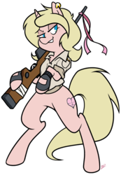Size: 666x961 | Tagged: safe, artist:egophiliac, oc, oc only, oc:deady, pony, bipedal, clothes, ear piercing, earring, gloves, gun, jewelry, piercing, ribbon, rifle, shirt, simple background, solo, transparent background, weapon