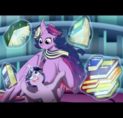 Size: 3452x3307 | Tagged: safe, artist:marukouhai, twilight sparkle, oc, oc:ceres, alicorn, pony, unicorn, g4, book, colt, female, high res, magic, male, mother and son, offspring, older, parent:flash sentry, parent:twilight sparkle, parents:flashlight, twilight sparkle (alicorn)