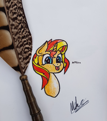 Size: 2956x3345 | Tagged: safe, artist:hovel, sunset shimmer, pony, g4, :p, bust, cute, female, high res, portrait, quill pen, raspberry noise, signature, silly, solo, tongue out, traditional art