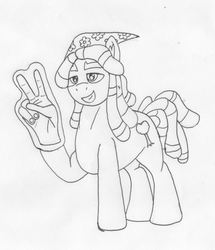 Size: 967x1122 | Tagged: safe, artist:summerium, tree hugger, earth pony, pony, g4, cool, female, foam finger, mare, monochrome, smiling, solo, traditional art
