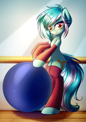 Size: 1061x1500 | Tagged: safe, artist:chaosangeldesu, lyra heartstrings, pony, unicorn, g4, ball, bipedal, exercise ball, female, leg warmers, looking at you, mare, smiling, solo, sweatband