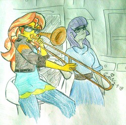 Size: 2432x2411 | Tagged: safe, artist:erynerikard, derpibooru exclusive, maud pie, sunset shimmer, equestria girls, g4, colored pencil drawing, duo, female, high res, musical instrument, sunglasses, traditional art, trombone, vine video, when mama isn't home
