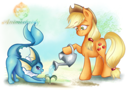 Size: 1024x731 | Tagged: safe, artist:animechristy, applejack, earth pony, pony, vaporeon, g4, behaving like a dog, cute, face down ass up, female, hoof hold, lidded eyes, looking at something, mare, open mouth, pet, plant, pokémon, raised hoof, smiling, water, watering, watering can