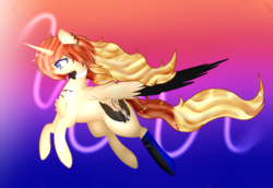 Size: 1024x703 | Tagged: safe, artist:anasflow, oc, oc only, oc:vanilla music, alicorn, pony, bowtie, colored wings, female, gradient background, mare, multicolored wings, solo