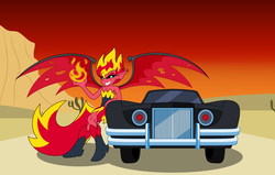 Size: 2705x1720 | Tagged: safe, artist:bbbhuey, sunset shimmer, equestria girls, g4, car, crossover, desert, fire, lincoln (car), lincoln continental, movie reference, sunset satan, the car, the car (1977)