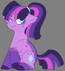 Size: 2240x2452 | Tagged: safe, artist:taaffeiite, twilight sparkle, earth pony, pony, g4, alternate color palette, alternate cutie mark, alternate eye color, alternate hairstyle, annoyed, coat markings, colored hooves, eyebrows, g5 concept leak style, g5 concept leaks, gray background, high res, simple background, solo, spoiler, twilight sparkle (g5 concept leak)