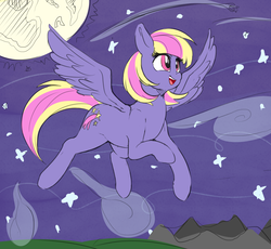 Size: 3649x3361 | Tagged: safe, artist:graphene, artist:sirmasterdufel, oc, oc only, oc:stardrop, pegasus, pony, collaboration, cute, female, flying, high res, mare, night, smiling, solo