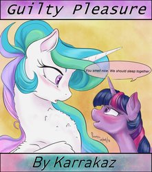 Size: 839x951 | Tagged: safe, artist:firimil, princess celestia, twilight sparkle, alicorn, pony, fanfic:guilty pleasure, g4, blushing, chest fluff, cute, cutelestia, dialogue, drunk, drunk twilight, eye contact, fanfic, fanfic art, fanfic cover, female, horn, implied lesbian, implied shipping, implied twilestia, lesbian, looking at each other, majestic as fuck, mare, missing accessory, ship:twilestia, shipping, shipping fuel, simple background, subtle as a train wreck, text, twiabetes, wings