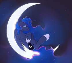 Size: 1280x1125 | Tagged: safe, artist:fensu-san, princess luna, alicorn, pony, g4, blushing, eyes closed, female, hooves to the chest, mare, moon, on back, partially open wings, profile, sitting, sitting on the moon, sleeping, sleeping on moon, solo, tangible heavenly object, wings