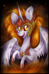 Size: 1884x2831 | Tagged: safe, artist:woonborg, daybreaker, alicorn, pony, a royal problem, g4, armor, female, looking at you, mane of fire, mare, open mouth, rearing, sharp teeth, signature, solo, teeth