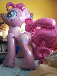 Size: 2448x3264 | Tagged: safe, pinkie pie, balloon pony, earth pony, inflatable pony, pony, g4, balloon, bed, female, high res, indoors, inflatable, irl, mare, mylar balloon, photo, solo, standing