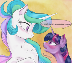 Size: 2400x2100 | Tagged: safe, artist:firimil, princess celestia, twilight sparkle, alicorn, pony, fanfic:guilty pleasure, g4, blushing, chest fluff, cute, cutelestia, dialogue, drunk, drunk twilight, eye contact, fanfic, fanfic art, fanfic cover, female, high res, horn, implied lesbian, implied shipping, implied twilestia, lesbian, looking at each other, majestic as fuck, mare, missing accessory, ship:twilestia, shipping, shipping fuel, simple background, subtle as a train wreck, text, twiabetes, wings