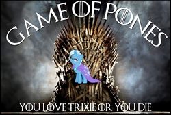 Size: 1000x672 | Tagged: safe, derpibooru exclusive, trixie, pony, unicorn, g4, best pony, cape, clothes, female, game of thrones, glare, image macro, iron throne, mare, meme, pone, proud, smiling, smirk, solo, standing, text, trixie's cape