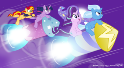 Size: 8507x4700 | Tagged: safe, artist:jhayarr23, starlight glimmer, sunset shimmer, trixie, twilight sparkle, alicorn, pony, unicorn, g4, absurd resolution, cape, clothes, counterparts, female, guardians of harmony, hat, mare, open mouth, race, rocket, smoke, stars, toy, toy interpretation, trixie's cape, trixie's hat, trixie's rocket, twilight sparkle (alicorn), twilight's counterparts