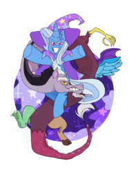 Size: 1024x1366 | Tagged: safe, artist:flamingaro, discord, trixie, draconequus, pony, unicorn, g4, grin, simple background, smiling, transparent background