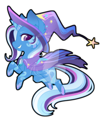 Size: 600x690 | Tagged: safe, artist:fuyusfox, trixie, pony, unicorn, cape, chibi, clothes, ethereal mane, female, gem, hat, horn, looking at you, mare, outline, rainbow power, rainbow power-ified, simple background, smiling, smirk, solo, starry eyes, starry mane, transparent background, trixie's hat, watermark, wingding eyes
